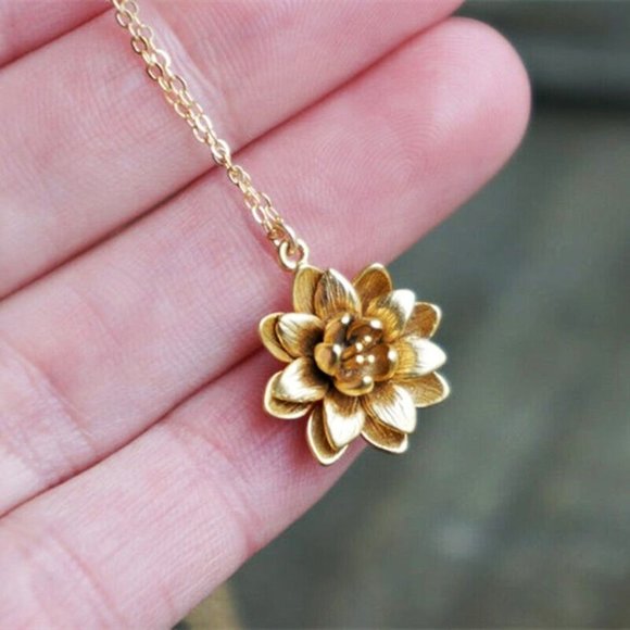 Fashion 18k Yellow Gold Plated Women Jewelry Lotus Flower Necklaces Pendant - Picture 5 of 6